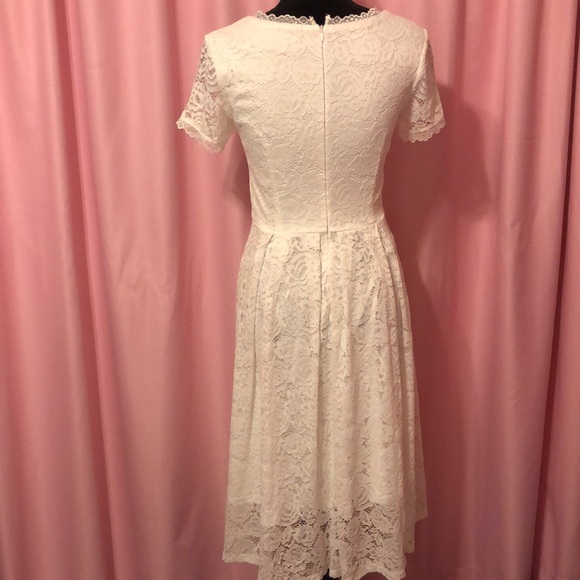 Off White Lace Overlay Short Sleeve Midi Dress - Picture 5 of 7
